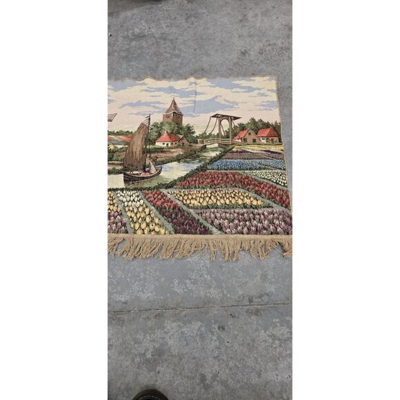 Vintage Cotton Tapestry depicting Dutch Scene with Tulips and Windmills 60x30in. - Picture 2 of 7